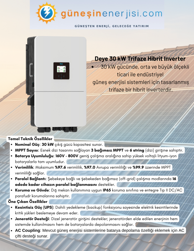 Deye SUN-30K-SG01HP3-EU-BM3 30kW Trifaze Hibrit İnverter (HV)