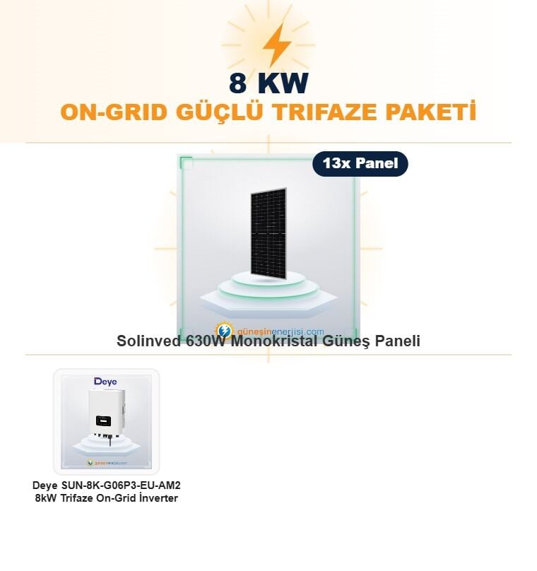 8 kW On-Grid Güçlü Trifaze Hazır Solar Paket Sistemi