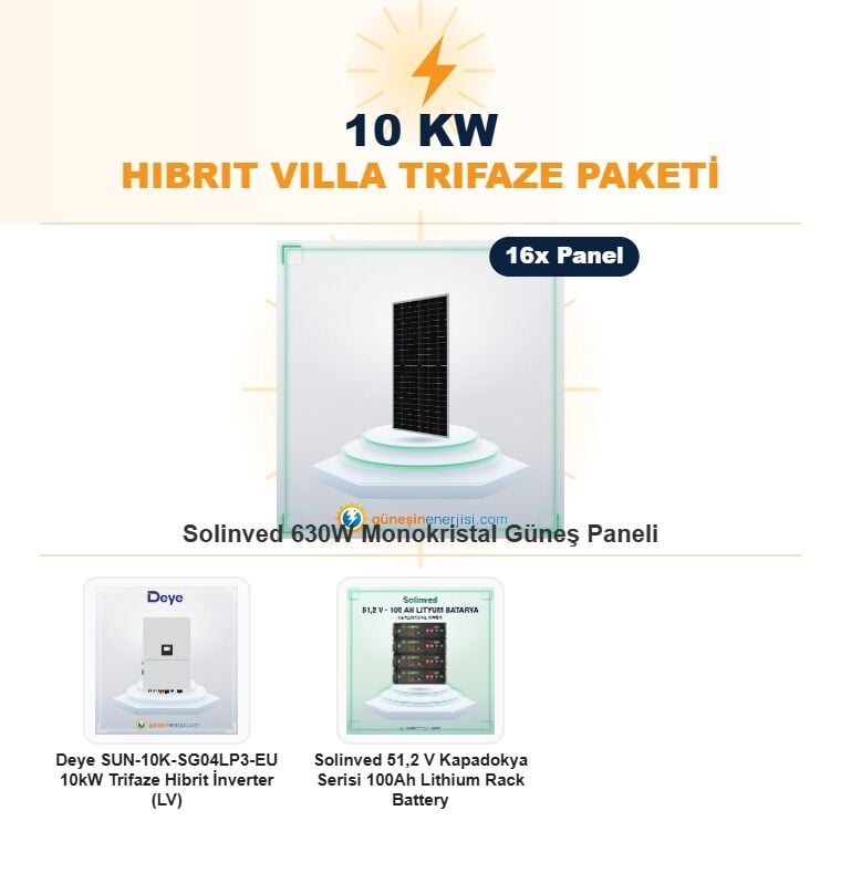 10 kW Hibrit Villa Trifaze Hazır Solar Paket Sistemi