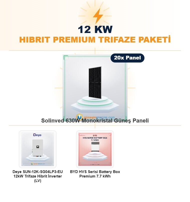 12 kW Hibrit Premium Trifaze Hazır Solar Paket Sistemi