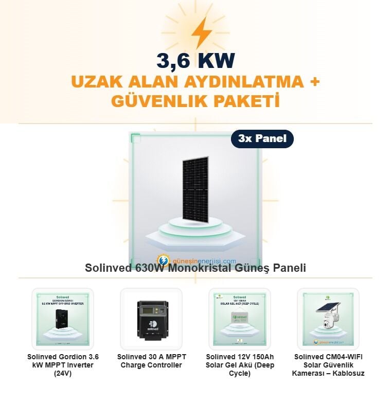 3,6 kW Uzak Alan Aydınlatma + Güvenlik Hazır Solar Paket Sistemi