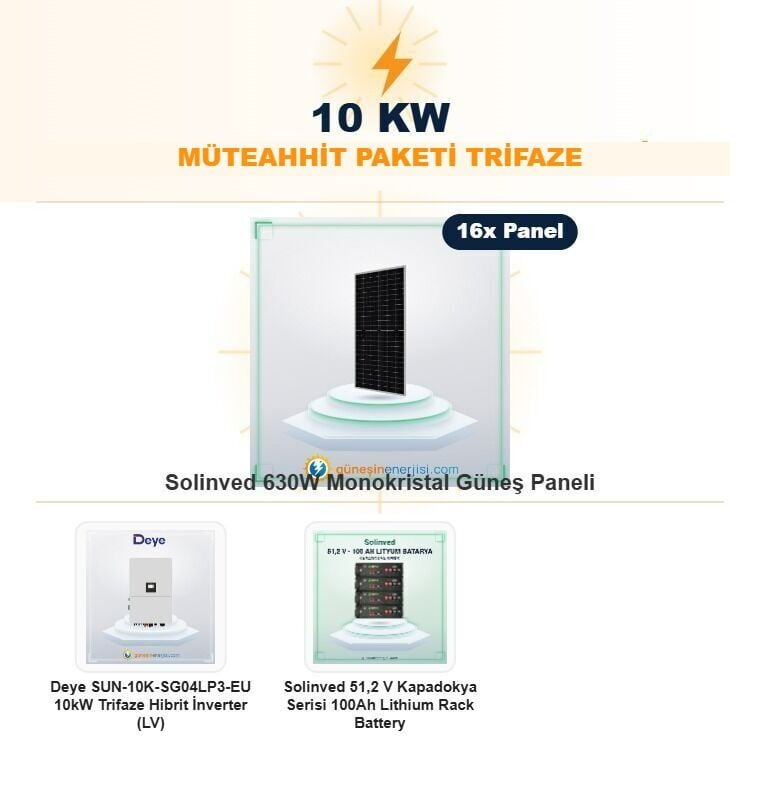 10 kW Müteahhit Paketi Bataryalı Trifaze Hazır Solar Paket Sistemi