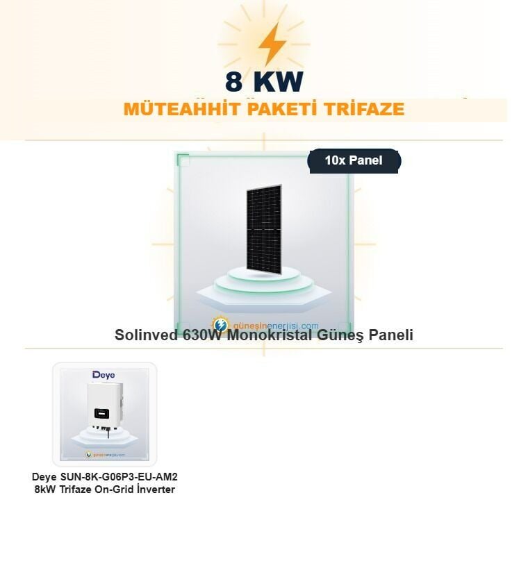 8 kW Müteahhit Paketi Bataryasız Trifaze Hazır Solar Paket Sistemi