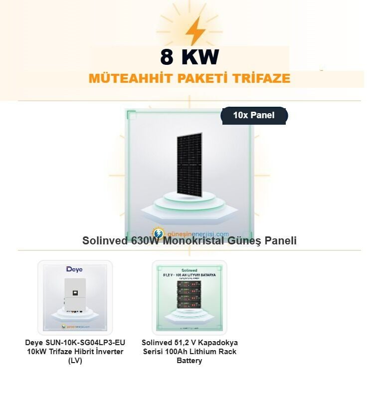 8 kW Müteahhit Paketi Bataryalı Trifaze Hazır Solar Paket Sistemi