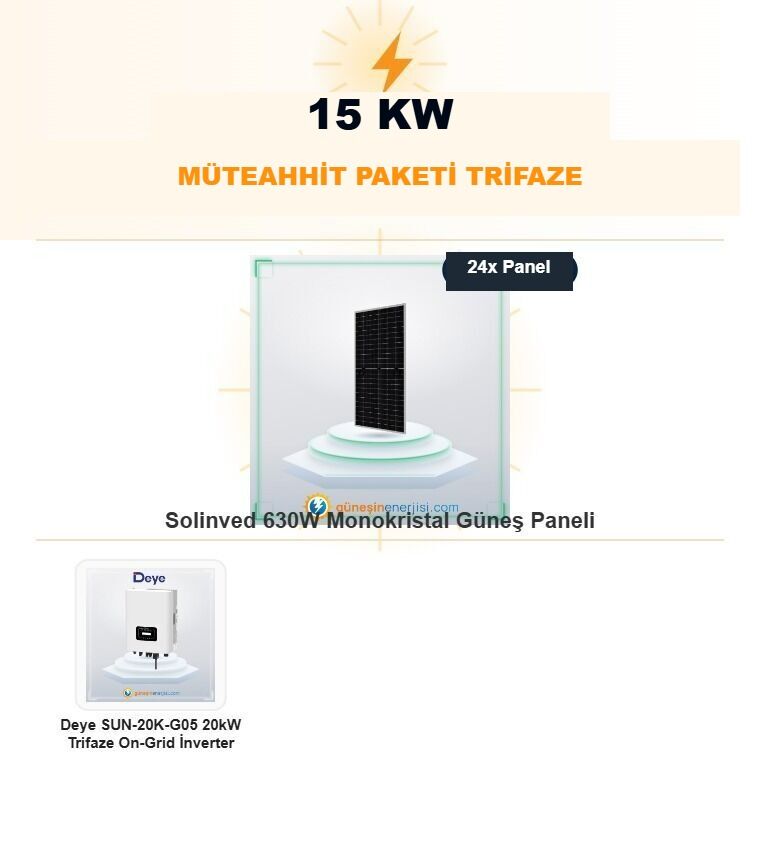 15 kW Müteahhit Paketi Bataryasız Trifaze Hazır Solar Paket Sistemi