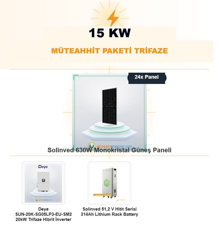 15 kW Müteahhit Paketi Bataryalı Trifaze Hazır Solar Paket Sistemi